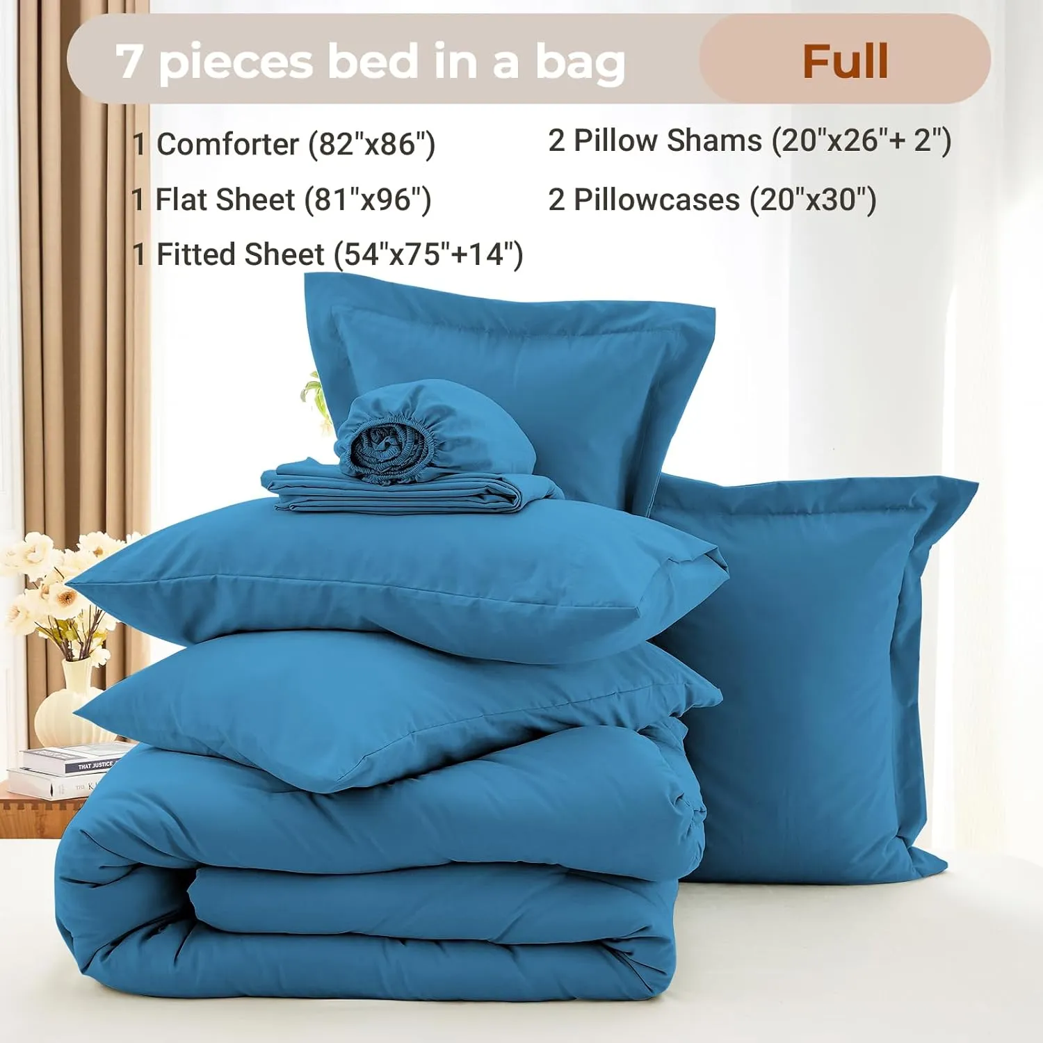 MUXHOMO 7 Pieces Full Comforter Set, Soft Bed in a Bag Full Size, All Season Bedding Set with Comforter, Flat Sheet, Fitted Sheet, Pillowcases & Shams, Bluish Green