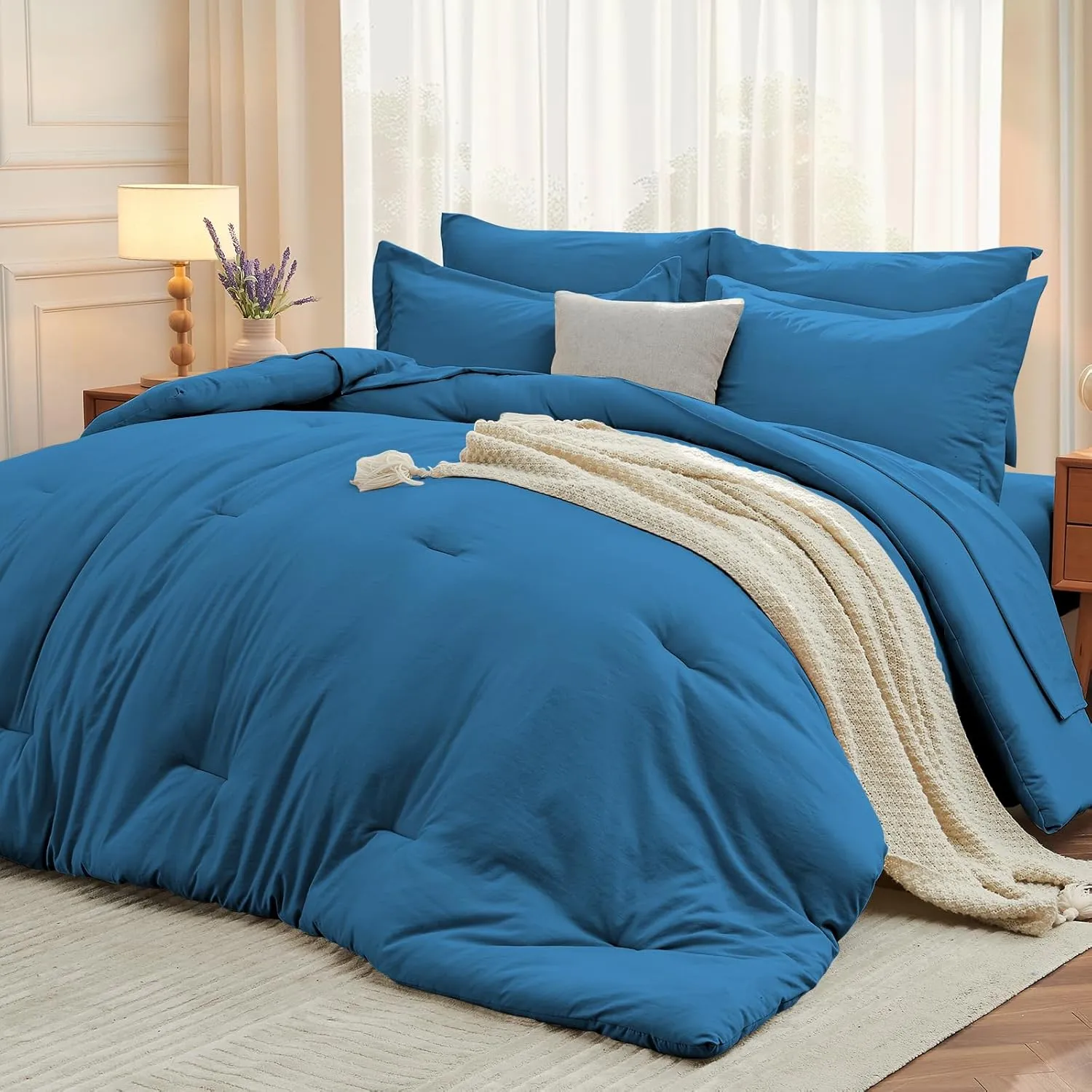 MUXHOMO 7 Pieces Full Comforter Set, Soft Bed in a Bag Full Size, All Season Bedding Set with Comforter, Flat Sheet, Fitted Sheet, Pillowcases & Shams, Bluish Green
