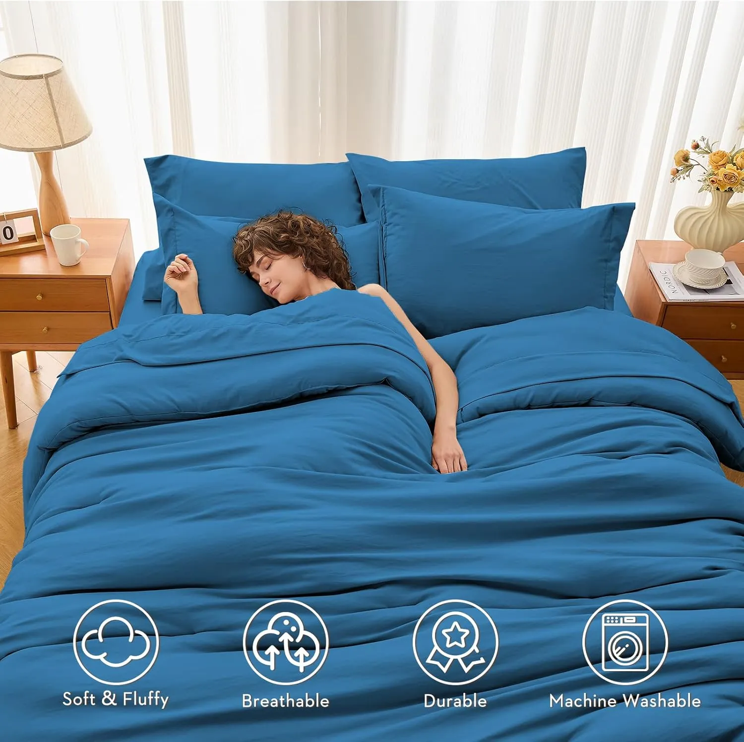 MUXHOMO 7 Pieces Full Comforter Set, Soft Bed in a Bag Full Size, All Season Bedding Set with Comforter, Flat Sheet, Fitted Sheet, Pillowcases & Shams, Bluish Green