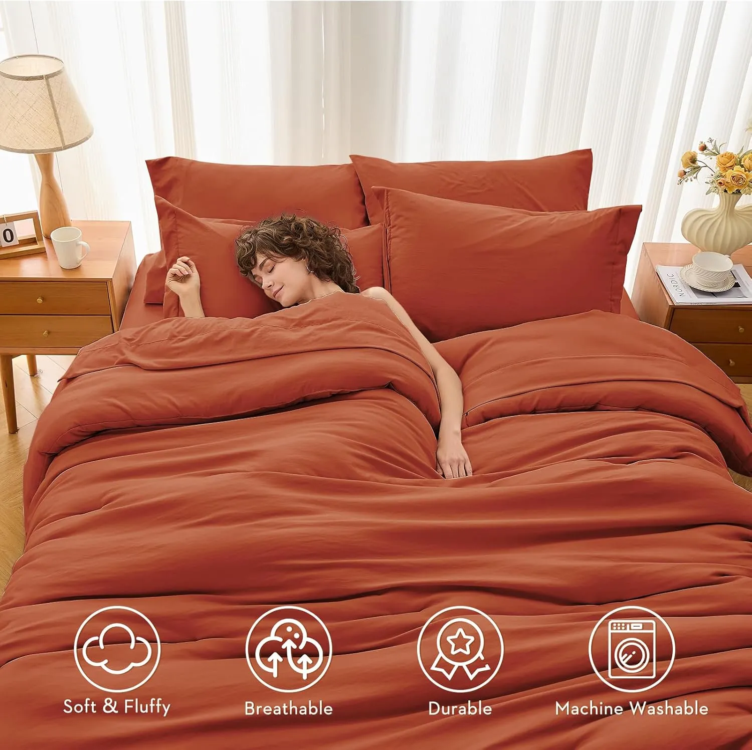 MUXHOMO 7 Pieces Queen Comforter Set, Soft Bed in a Bag Queen Size, All Season Bedding Set with Comforter, Flat Sheet, Fitted Sheet, Pillowcases & Shams, Burnt Orange