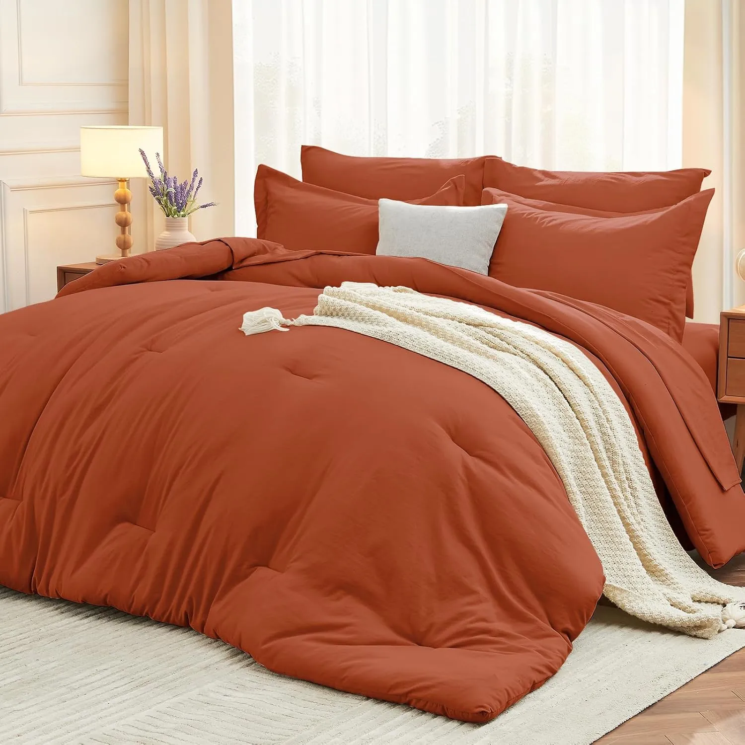 MUXHOMO 7 Pieces Queen Comforter Set, Soft Bed in a Bag Queen Size, All Season Bedding Set with Comforter, Flat Sheet, Fitted Sheet, Pillowcases & Shams, Burnt Orange