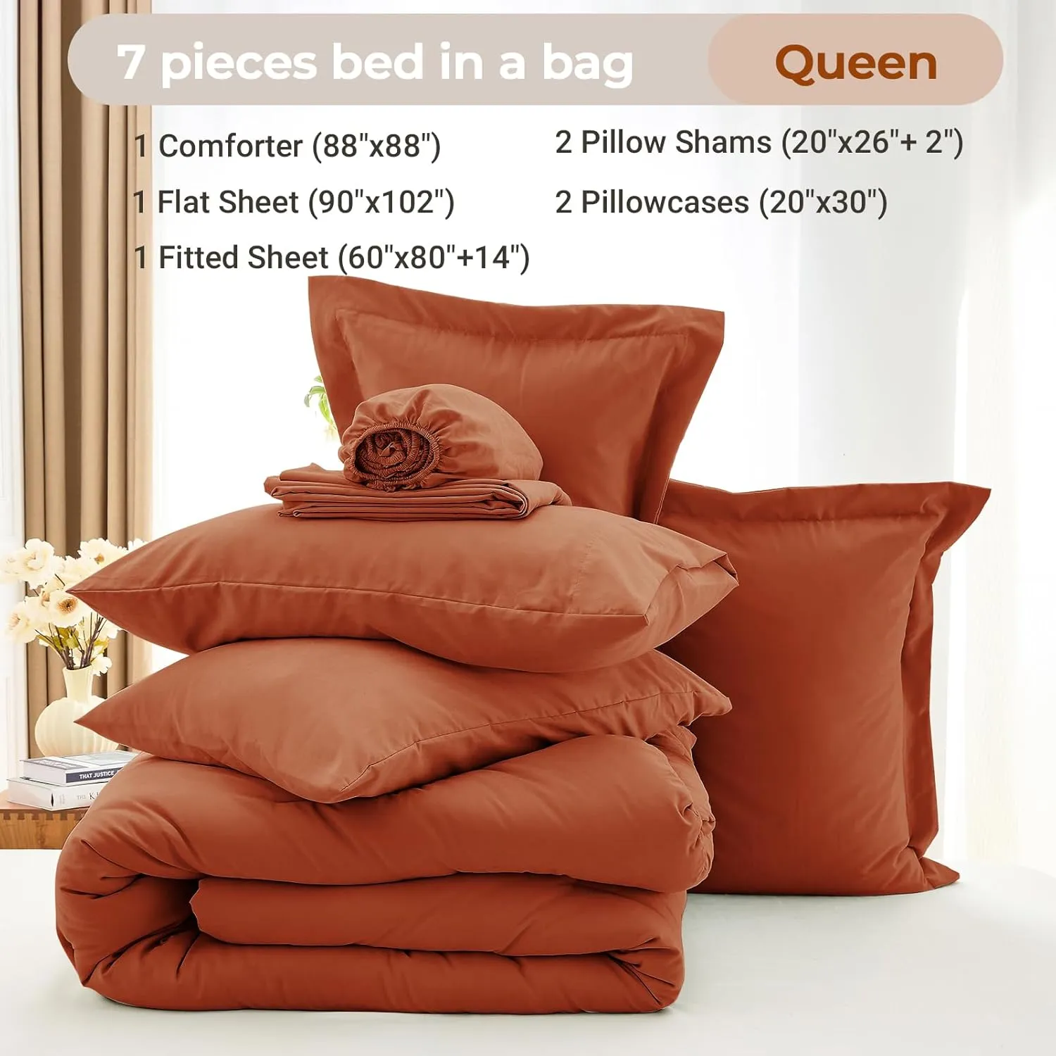 MUXHOMO 7 Pieces Queen Comforter Set, Soft Bed in a Bag Queen Size, All Season Bedding Set with Comforter, Flat Sheet, Fitted Sheet, Pillowcases & Shams, Burnt Orange