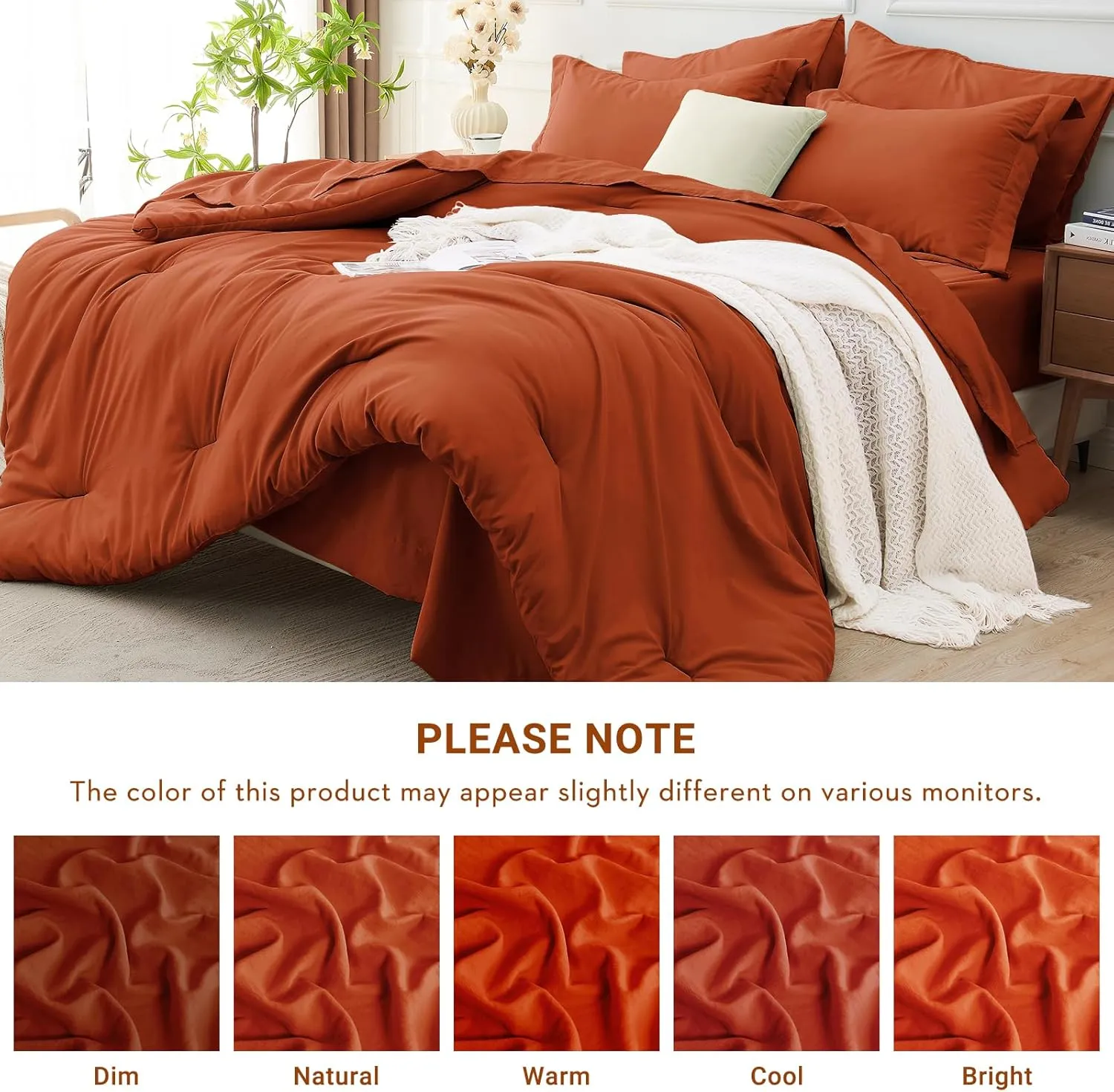 MUXHOMO 7 Pieces Queen Comforter Set, Soft Bed in a Bag Queen Size, All Season Bedding Set with Comforter, Flat Sheet, Fitted Sheet, Pillowcases & Shams, Burnt Orange