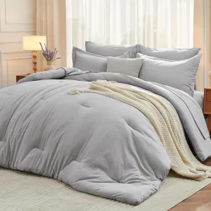 MUXHOMO 7 Pieces Queen Comforter Set, Soft Bed in a Bag Queen Size, All Season Bedding Set with Comforter, Flat Sheet, Fitted Sheet, Pillowcases & Shams, Light Grey
