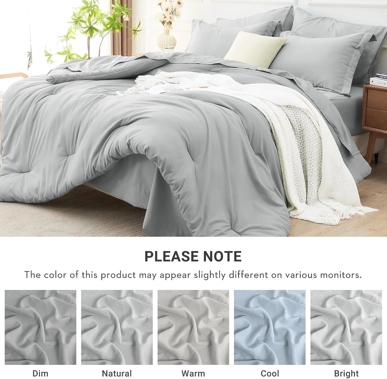MUXHOMO 7 Pieces Queen Comforter Set, Soft Bed in a Bag Queen Size, All Season Bedding Set with Comforter, Flat Sheet, Fitted Sheet, Pillowcases & Shams, Light Grey