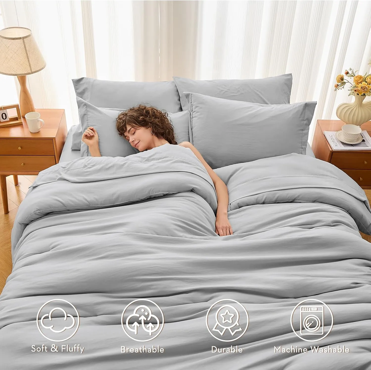 MUXHOMO 7 Pieces Queen Comforter Set, Soft Bed in a Bag Queen Size, All Season Bedding Set with Comforter, Flat Sheet, Fitted Sheet, Pillowcases & Shams, Light Grey