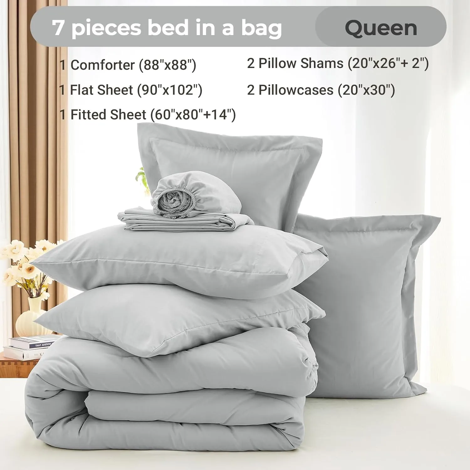 MUXHOMO 7 Pieces Queen Comforter Set, Soft Bed in a Bag Queen Size, All Season Bedding Set with Comforter, Flat Sheet, Fitted Sheet, Pillowcases & Shams, Light Grey