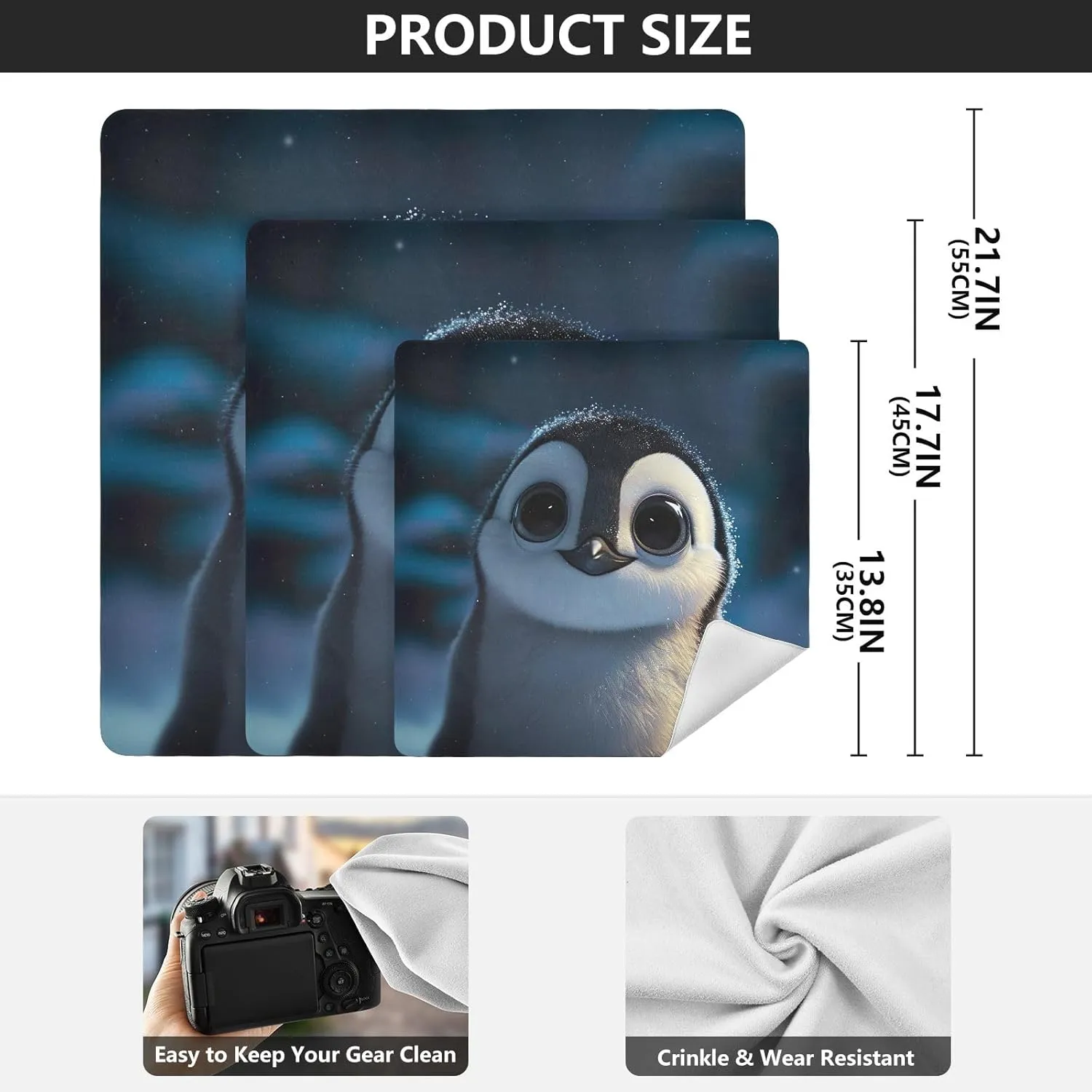 ODAWA Digital Camera Lens Protector 21.7 In, Cute Penguin Big Eyes Open Lay Flat Makeup Bag, Washable Lens Pouch for Camera, Laptops, Cosmetic