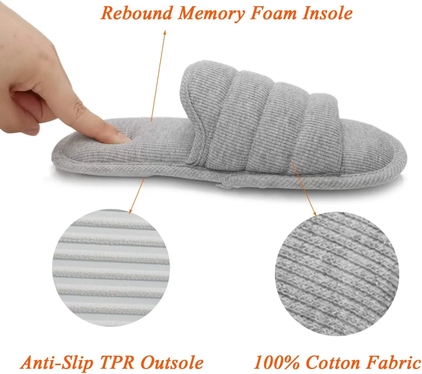 ofoot Mens Cotton Open Toe House Flat Slippers,Male Breathable Summer Indoor Slides, Memory Foam Anti Slip Sole