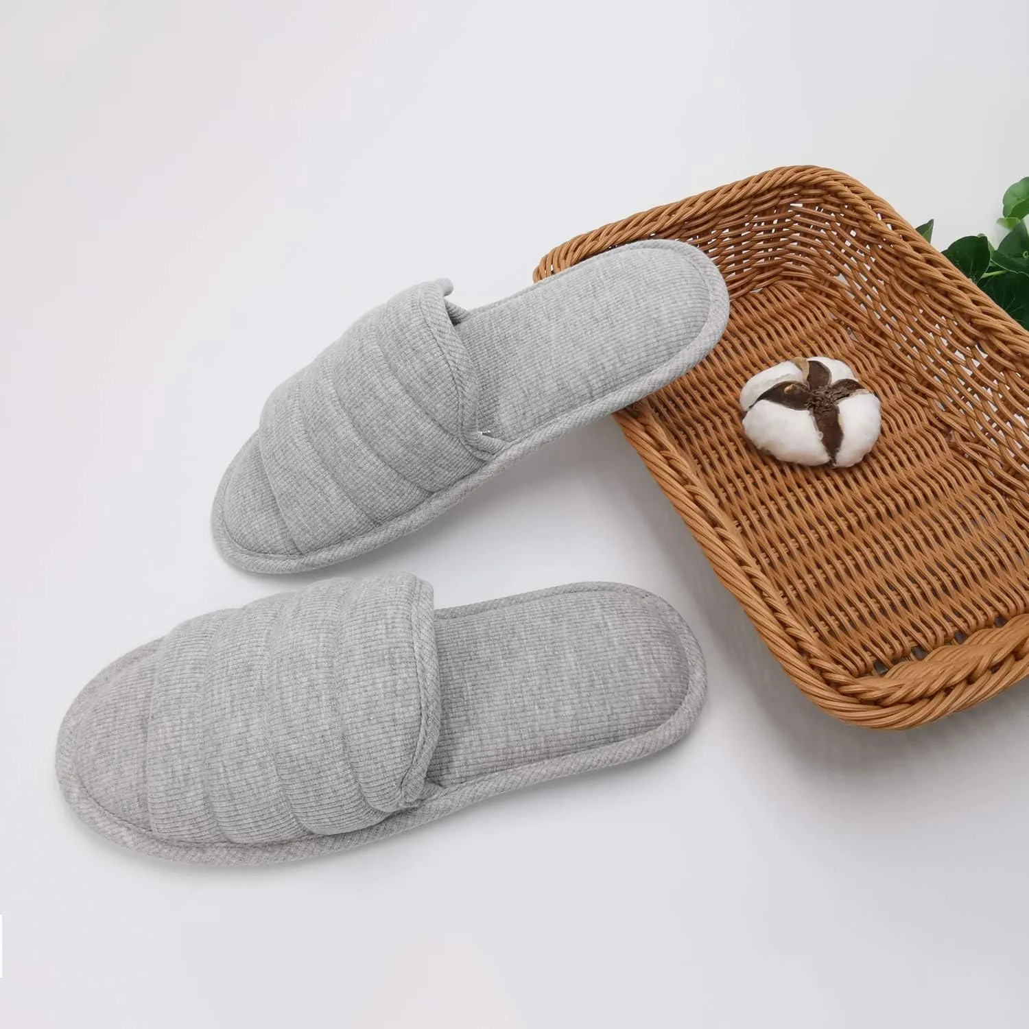 ofoot Mens Cotton Open Toe House Flat Slippers,Male Breathable Summer Indoor Slides, Memory Foam Anti Slip Sole