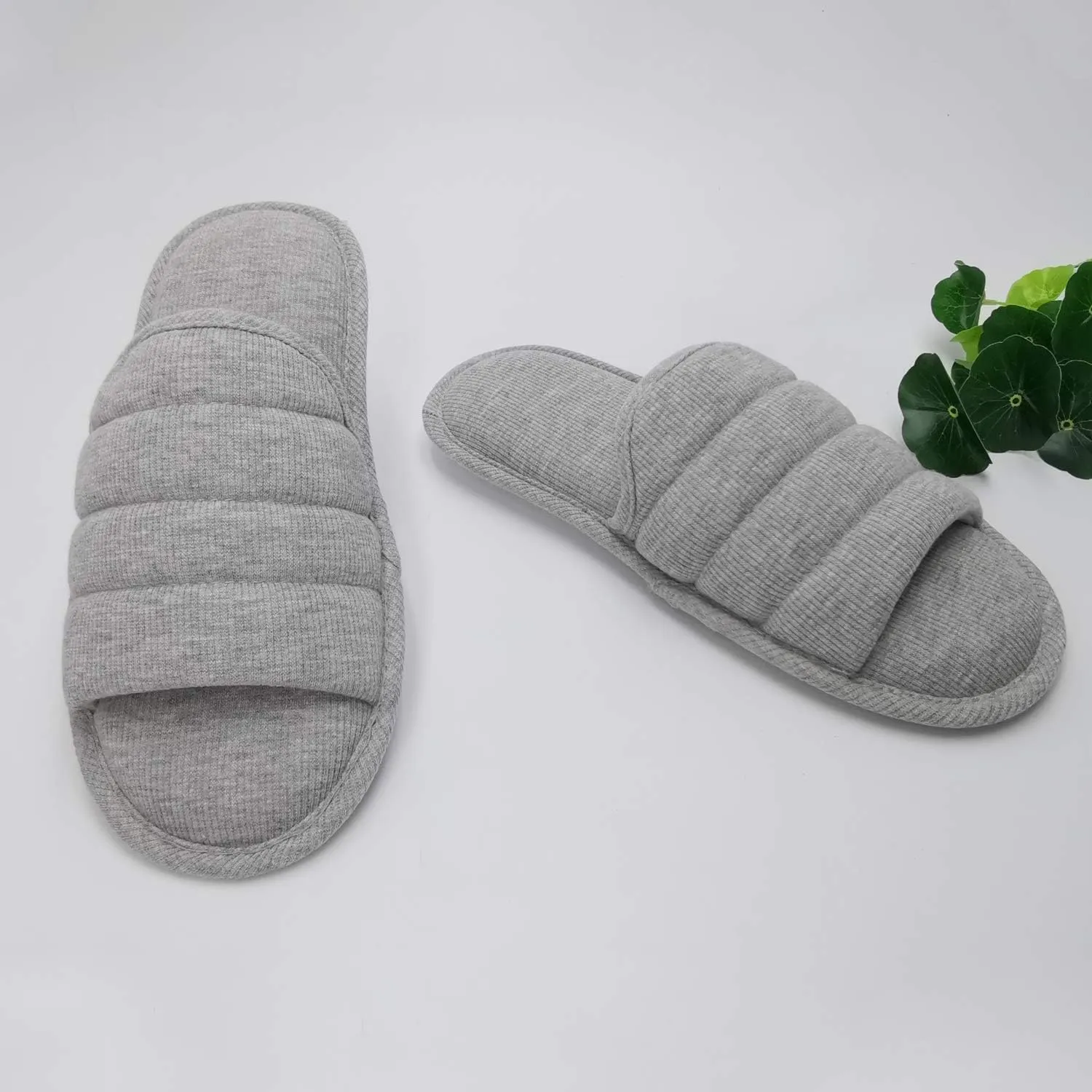 ofoot Mens Cotton Open Toe House Flat Slippers,Male Breathable Summer Indoor Slides, Memory Foam Anti Slip Sole