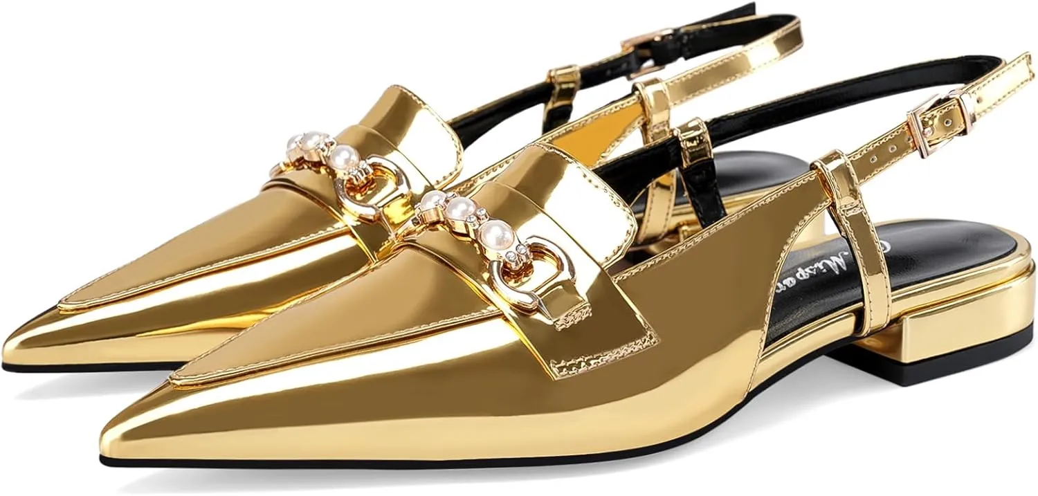 Oh Mispares Slingback Flats for Women Closed Pointed Toe Low Heel Flat Sandals with Pearl Slip On Gold Flats Shoes for Women Wedding Office Causal