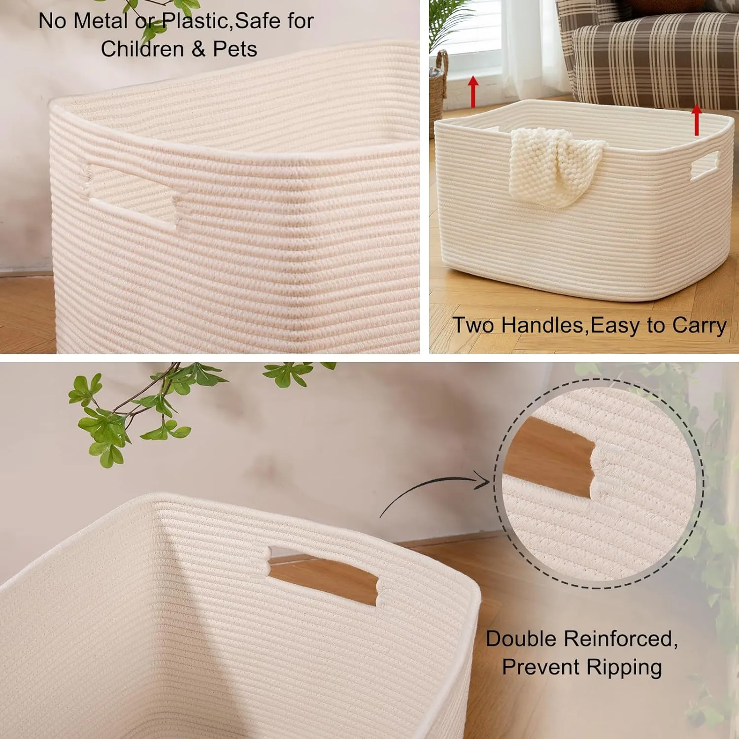 OIAHOMY XXLarge Rectangle Blanket Basket-96L, Cotton Woven Basket for Storage, Dirty Clothes Basket for Living Room, Nursery, Bedroom, Toy Organizing with Handle, 24" x 16" x 15", White