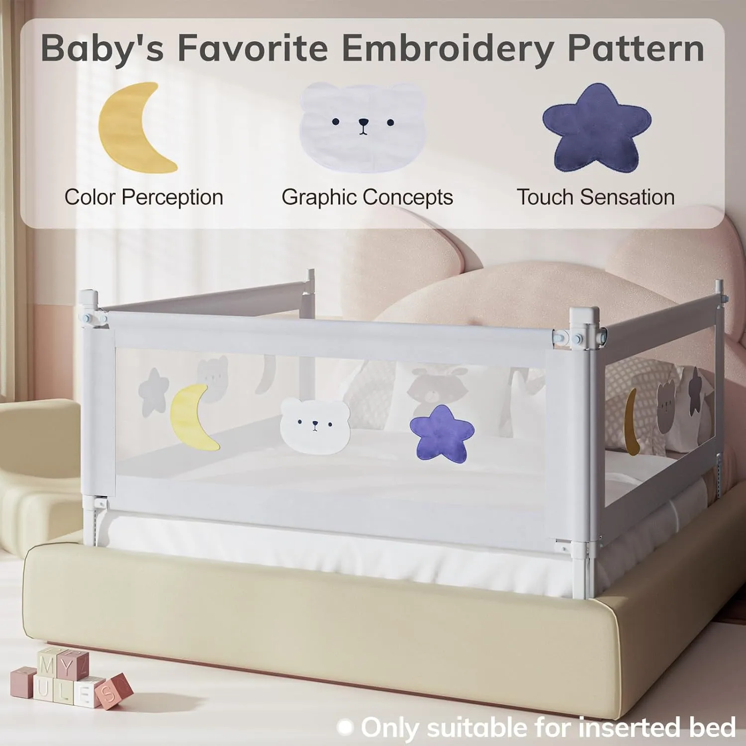 omzer Bed Rail for Toddlers - (3 Pack) Toddler Bed Rails with Double Child Lock - Bed Rail for Baby Kids with Pattern - Height Adjustment Guard Rails for Twin Size Bed - 3 Pack, 39x75x75”