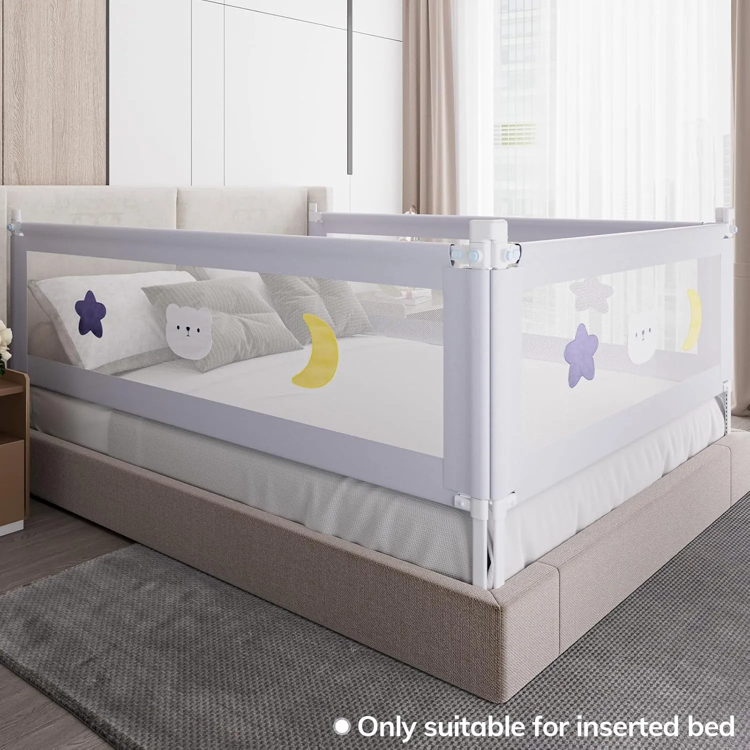 omzer Bed Rail for Toddlers - (3 Pack) Toddler Bed Rails with Double Child Lock - Bed Rail for Baby Kids with Pattern - Height Adjustment Guard Rails for Twin Size Bed - 3 Pack, 39x75x75”