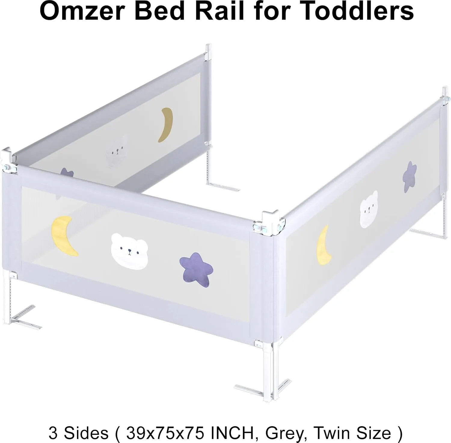 omzer Bed Rail for Toddlers - (3 Pack) Toddler Bed Rails with Double Child Lock - Bed Rail for Baby Kids with Pattern - Height Adjustment Guard Rails for Twin Size Bed - 3 Pack, 39x75x75”
