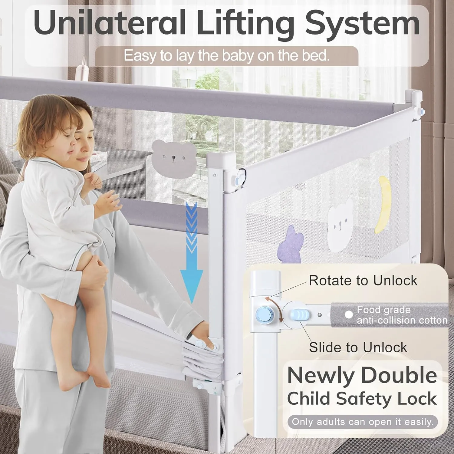 omzer Bed Rail for Toddlers - (3 Pack) Toddler Bed Rails with Double Child Lock - Bed Rail for Baby Kids with Pattern - Height Adjustment Guard Rails for Twin Size Bed - 3 Pack, 39x75x75”