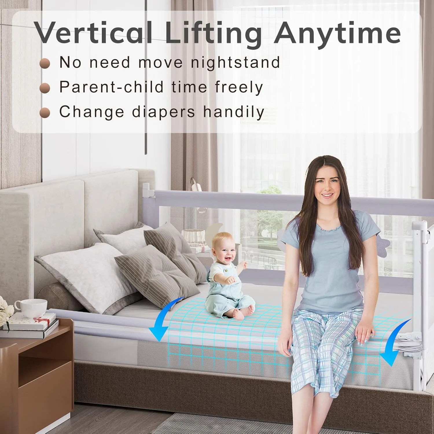 omzer Bed Rail for Toddlers - (3 Pack) Toddler Bed Rails with Double Child Lock - Bed Rail for Baby Kids with Pattern - Height Adjustment Guard Rails for Twin Size Bed - 3 Pack, 39x75x75”