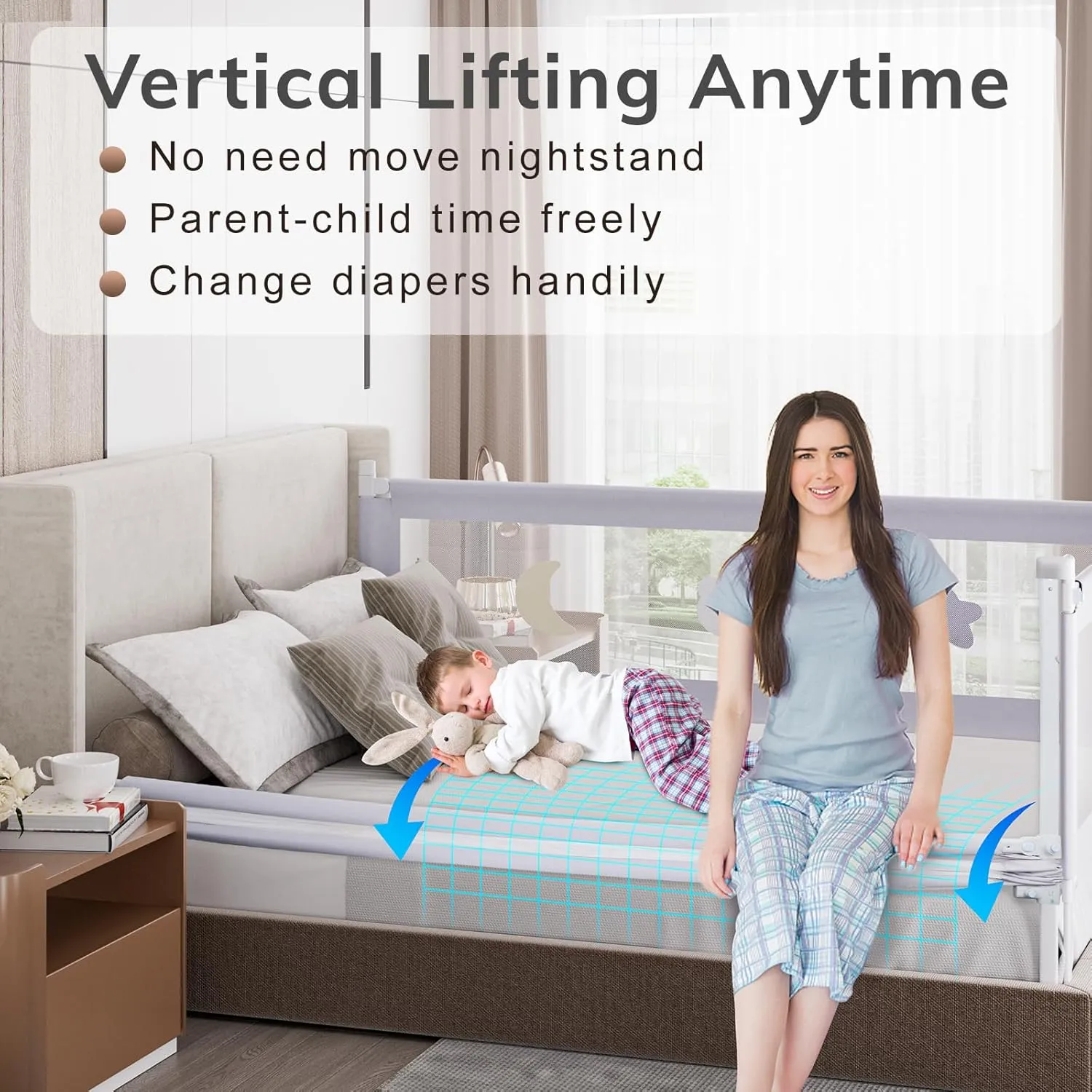 omzer Bed Rail for Toddlers - Toddler Bed Rails with Double Child Lock - Bed Rail for Baby Kids with Pattern - Height Adjustment Guard Rails for Full Size Bed - 1 Pack, 54”