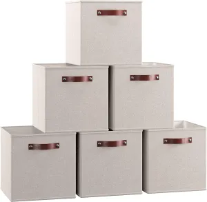 Ornavo Home 11 x 11 Storage Cube Bins, Foldable Collapsible Fabric Storage Bins Box Linen Shelf Basket Cube Organizer for Closet with Leather Handles, 6 Pack, Beige
