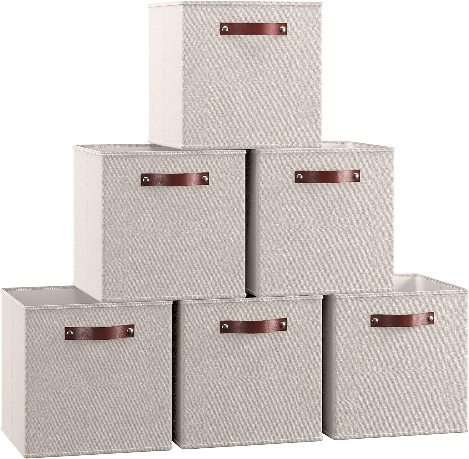Ornavo Home 11 x 11 Storage Cube Bins, Foldable Collapsible Fabric Storage Bins Box Linen Shelf Basket Cube Organizer for Closet with Leather Handles, 6 Pack, Beige