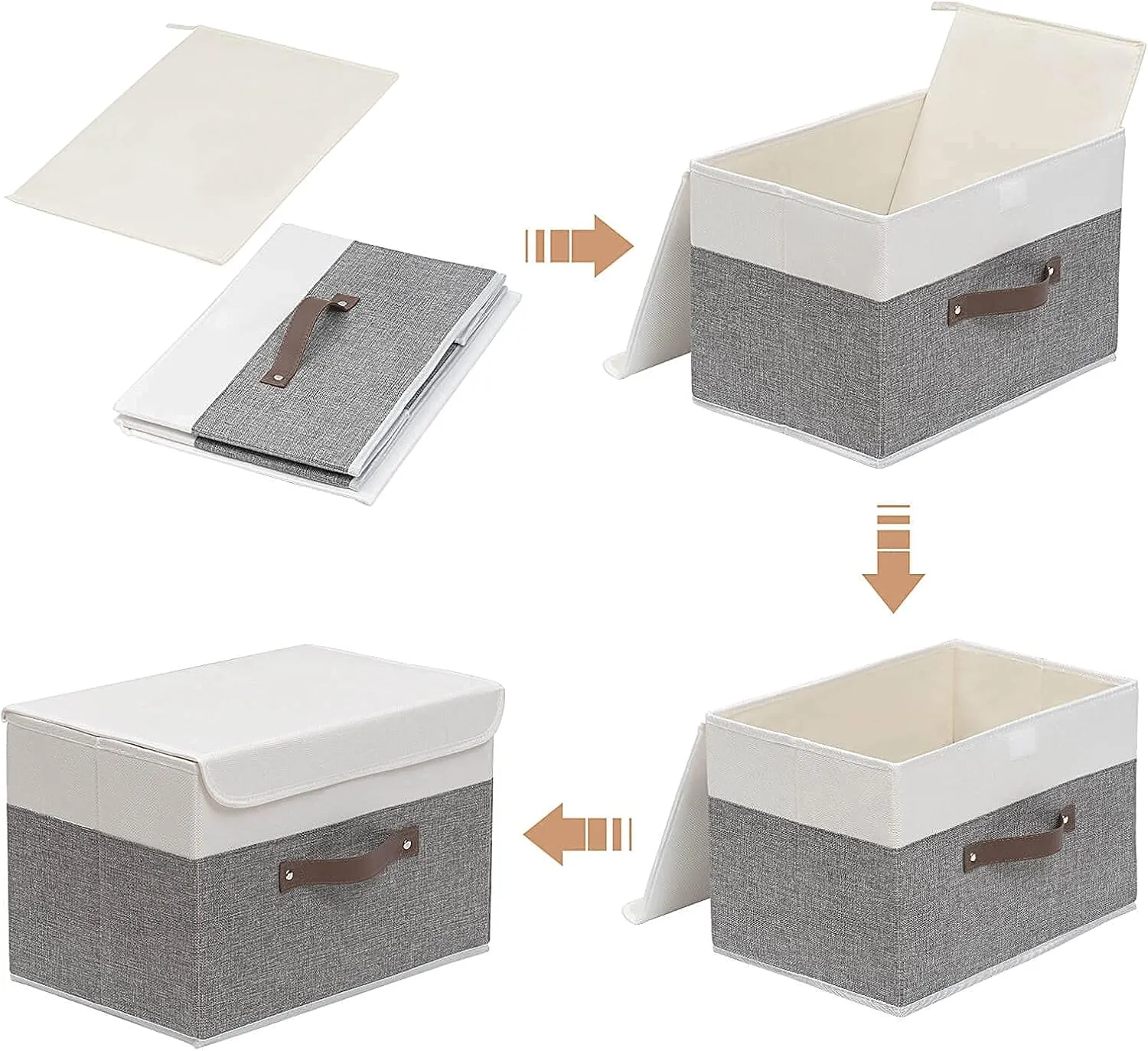 OUTBROS Foldable Storage Boxes, Large Linen Fabric, 15 x 9.8 x 9.8 inch, White/Grey, 3-Pack