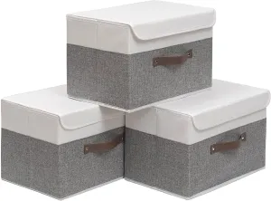 OUTBROS Foldable Storage Boxes, Large Linen Fabric, 15 x 9.8 x 9.8 inch, White/Grey, 3-Pack