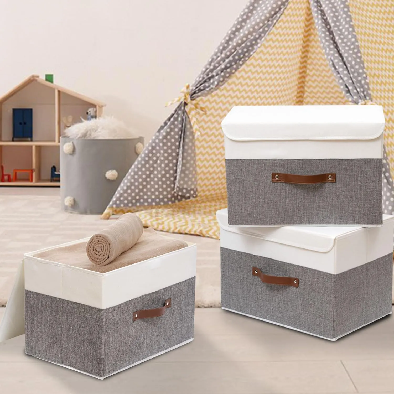 OUTBROS Foldable Storage Boxes, Large Linen Fabric, 15 x 9.8 x 9.8 inch, White/Grey, 3-Pack