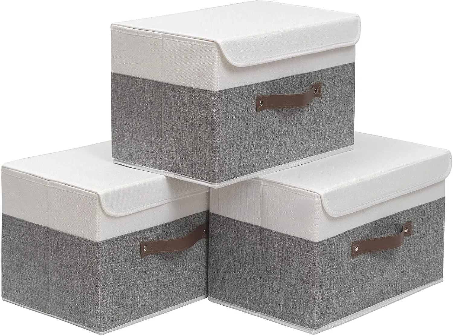 OUTBROS Foldable Storage Boxes, Large Linen Fabric, 15 x 9.8 x 9.8 inch, White/Grey, 3-Pack