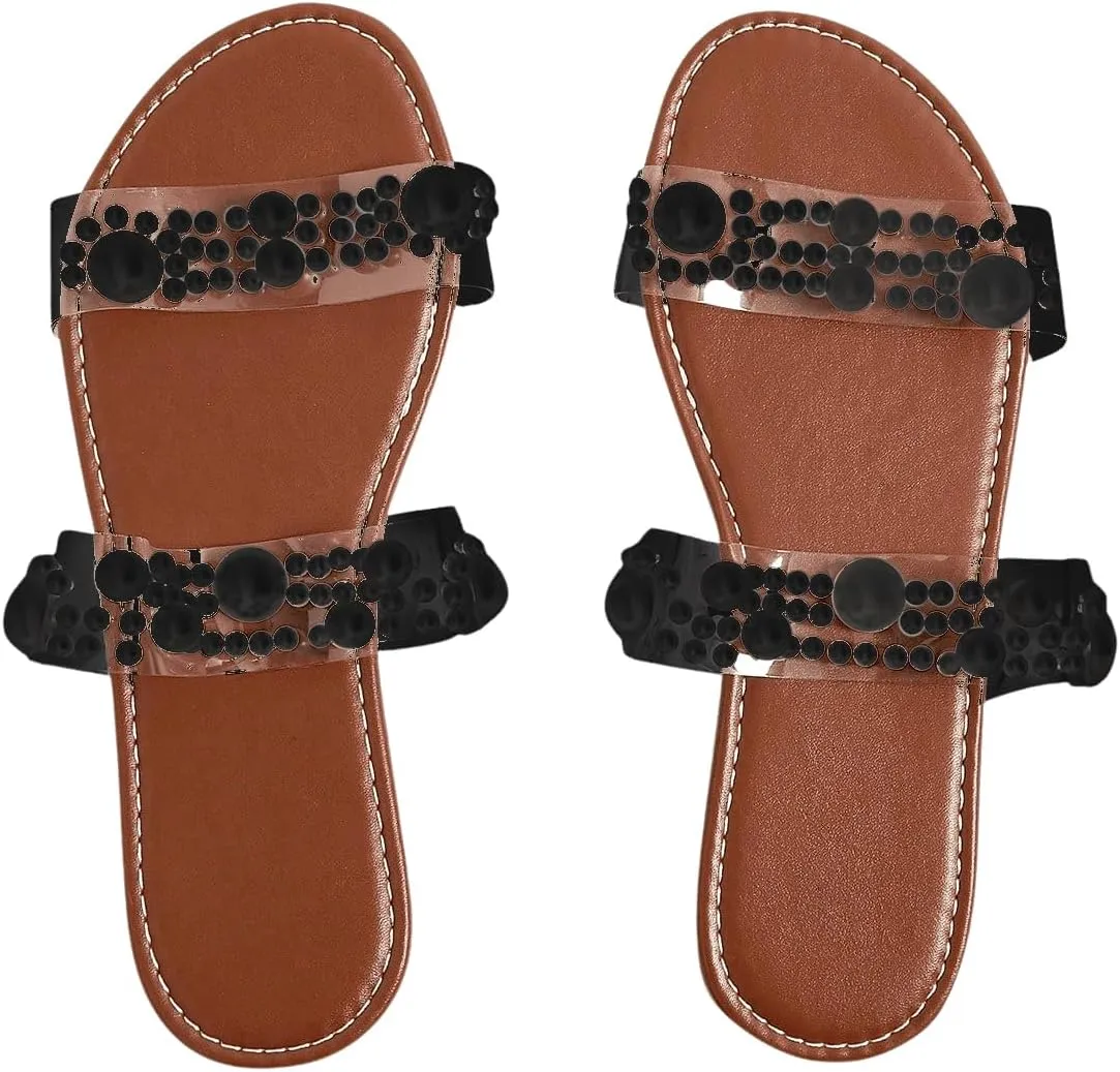 OYOANGLE Women's Pearl Decor Clear Double Strap Open Toe Slide Sandals Dressy Summer Slip on Flat Sandals