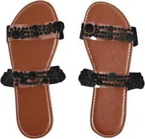 OYOANGLE Women's Pearl Decor Clear Double Strap Open Toe Slide Sandals Dressy Summer Slip on Flat Sandals