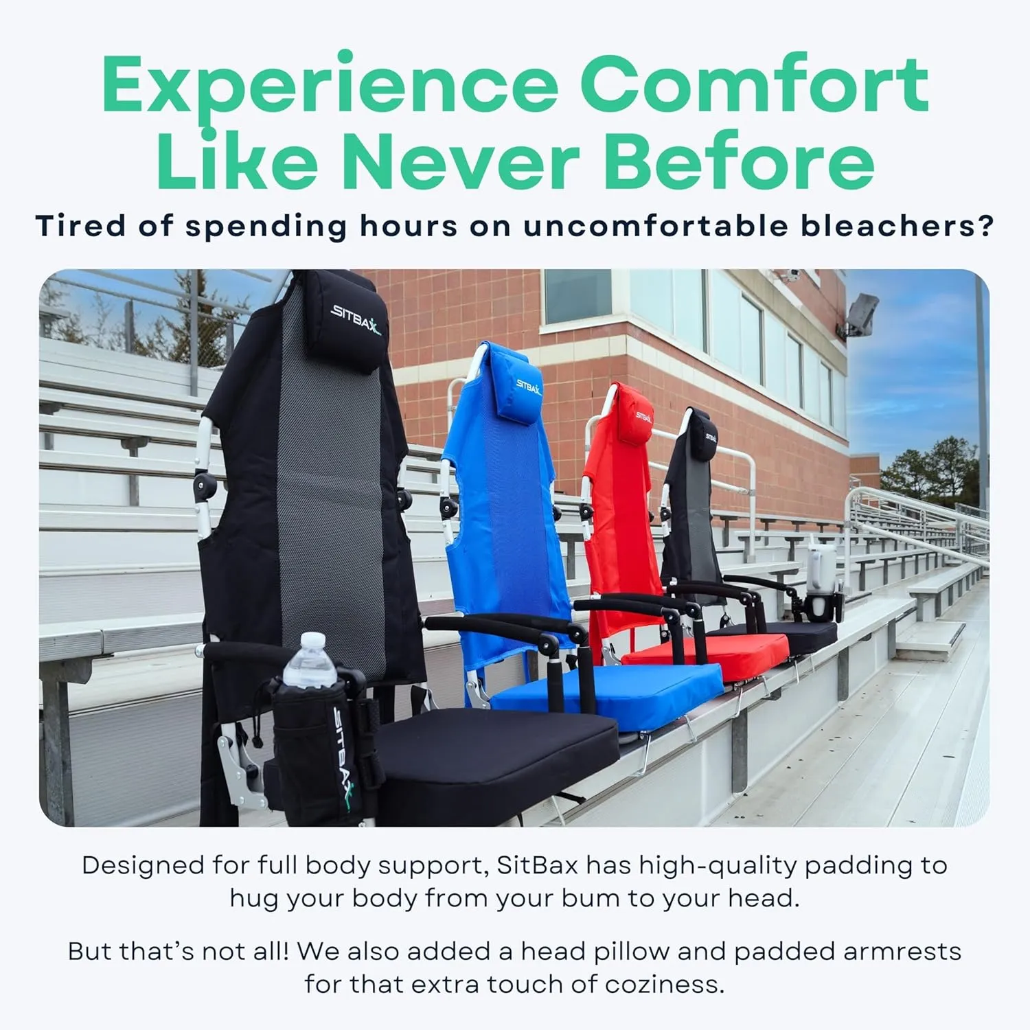 Padded Bleacher Seat – The Ultimate Reclining Stadium Chair with Full Back & Neck Support and 360° Swivel – Lightweight, Foldable, and Portable with Backpack Straps - Patent Pending