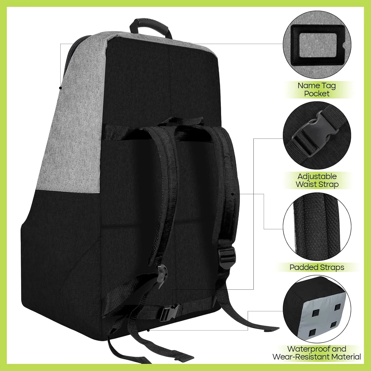 Padded Car Seat Travel Bag for Airplane, Heavy Duty Backpack for Air Travel, Water-Resistant Carrier with Shoulder Strap, Fits Most Car Seats (Grey Black)
