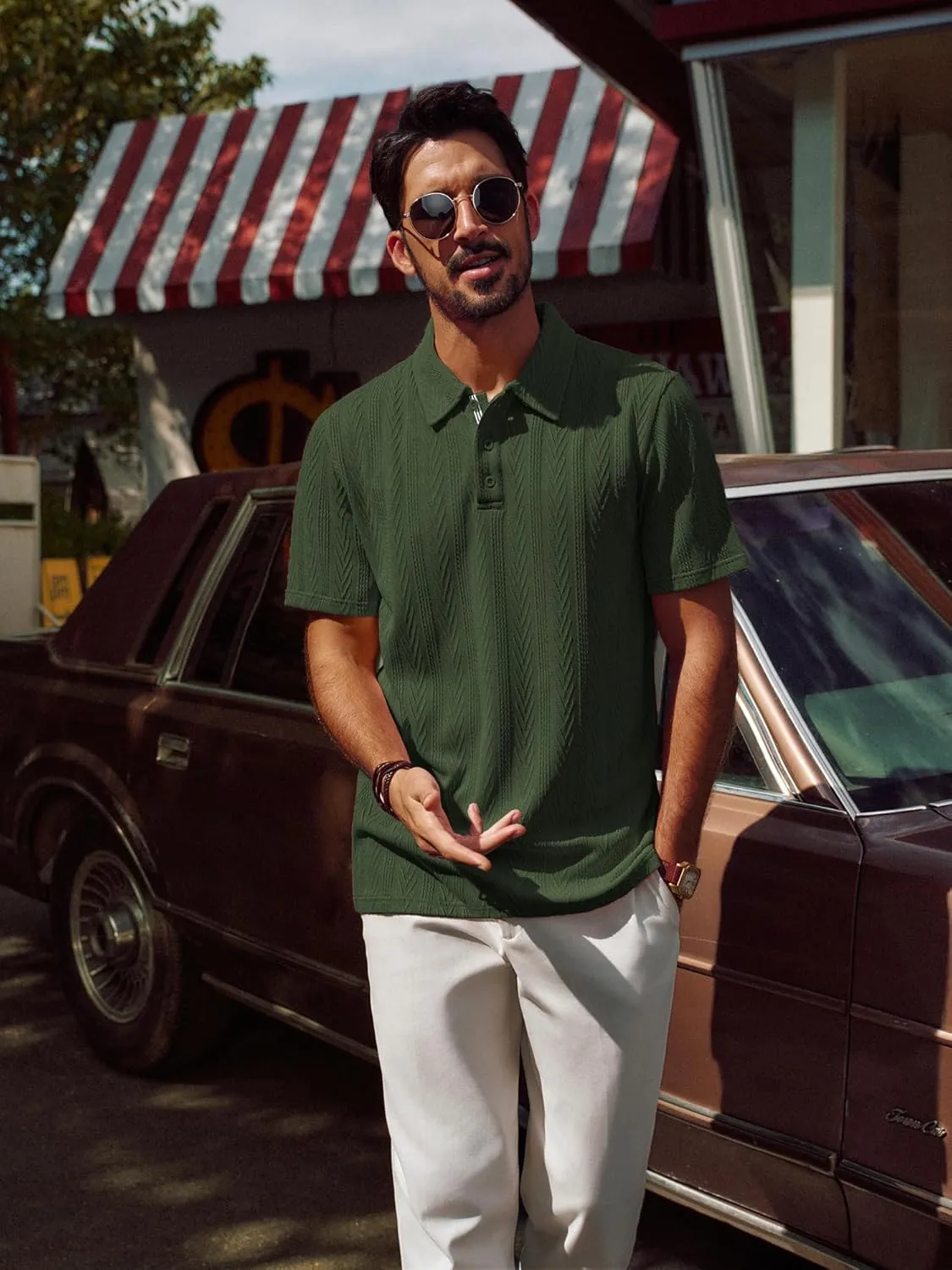 PJ PAUL JONES Men's Textured Knit Polo Shirt Short Sleeve Regular Fit Stretch Collared Summer Shirts