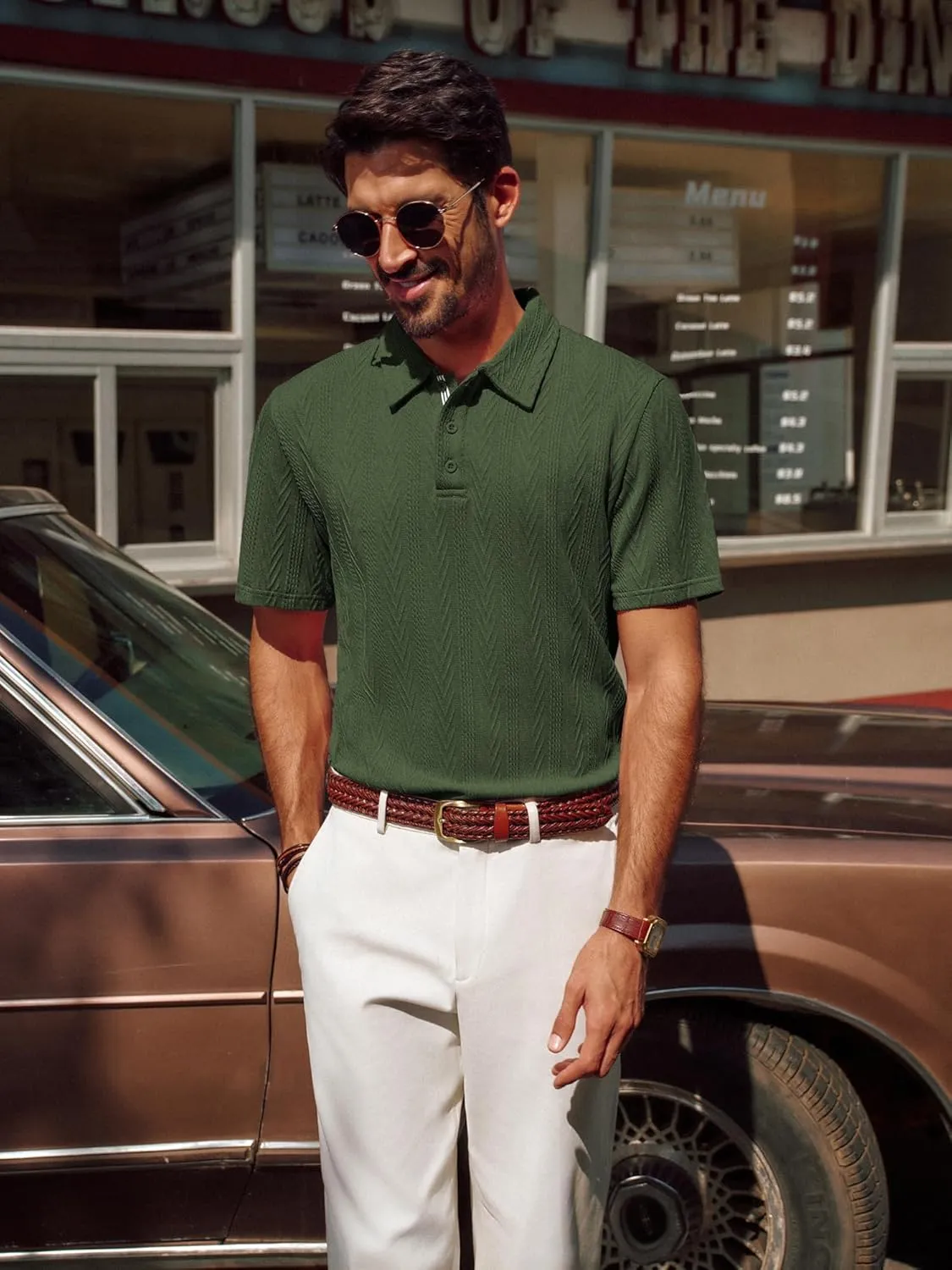 PJ PAUL JONES Men's Textured Knit Polo Shirt Short Sleeve Regular Fit Stretch Collared Summer Shirts