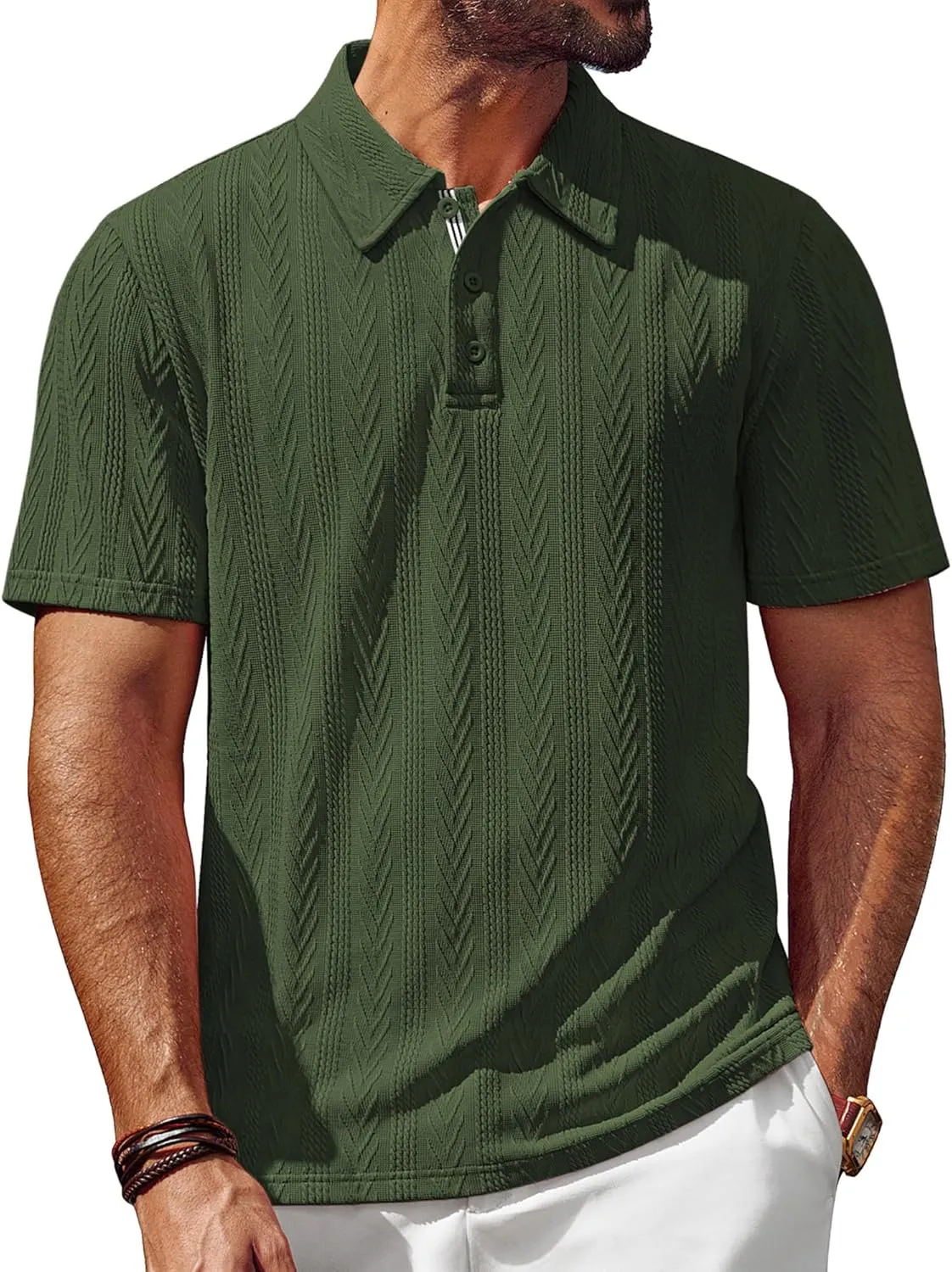 PJ PAUL JONES Men's Textured Knit Polo Shirt Short Sleeve Regular Fit Stretch Collared Summer Shirts