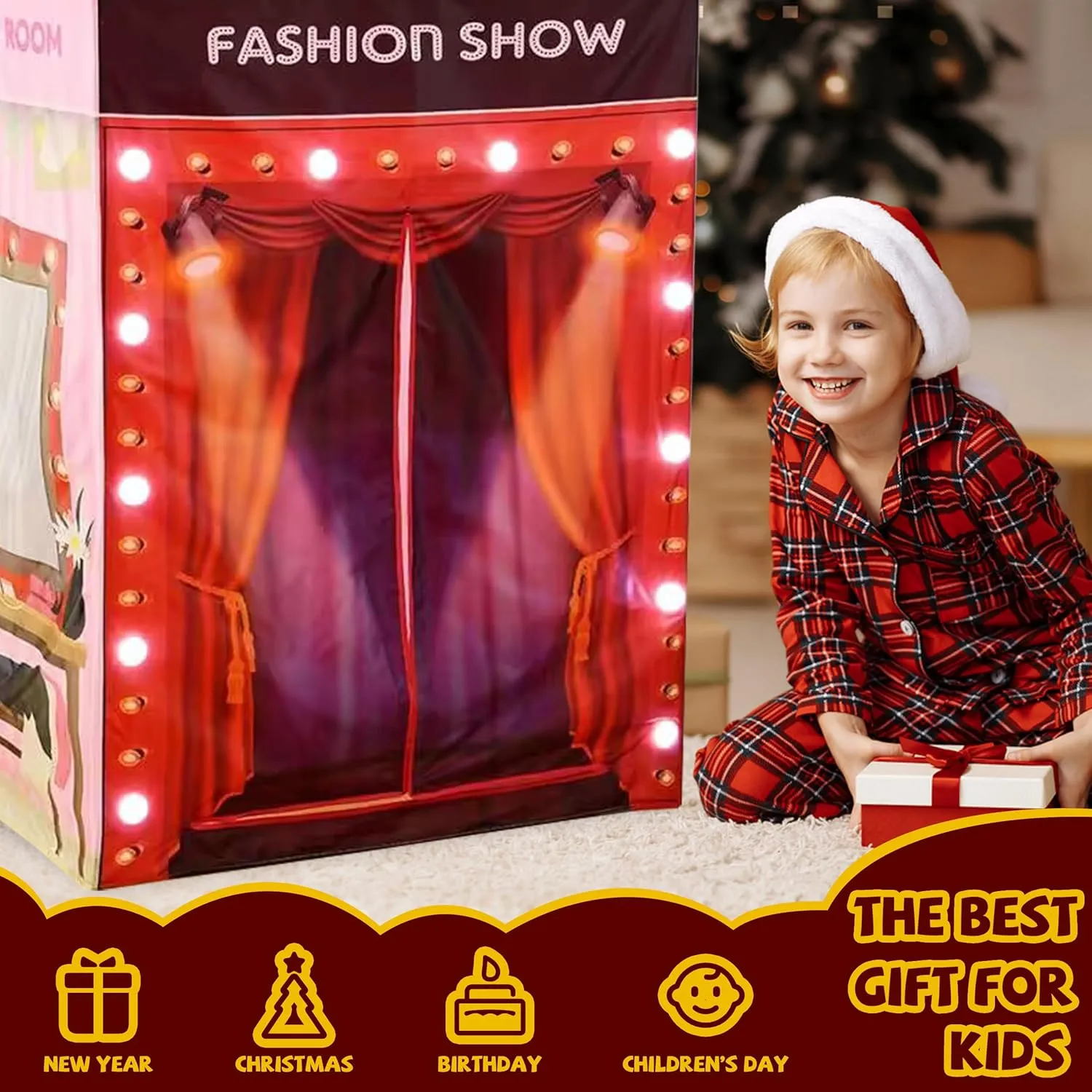 Play Tent with Light, Kids Foldable House, Indoor Princess KidsTent, Fashion Show Tent with Light