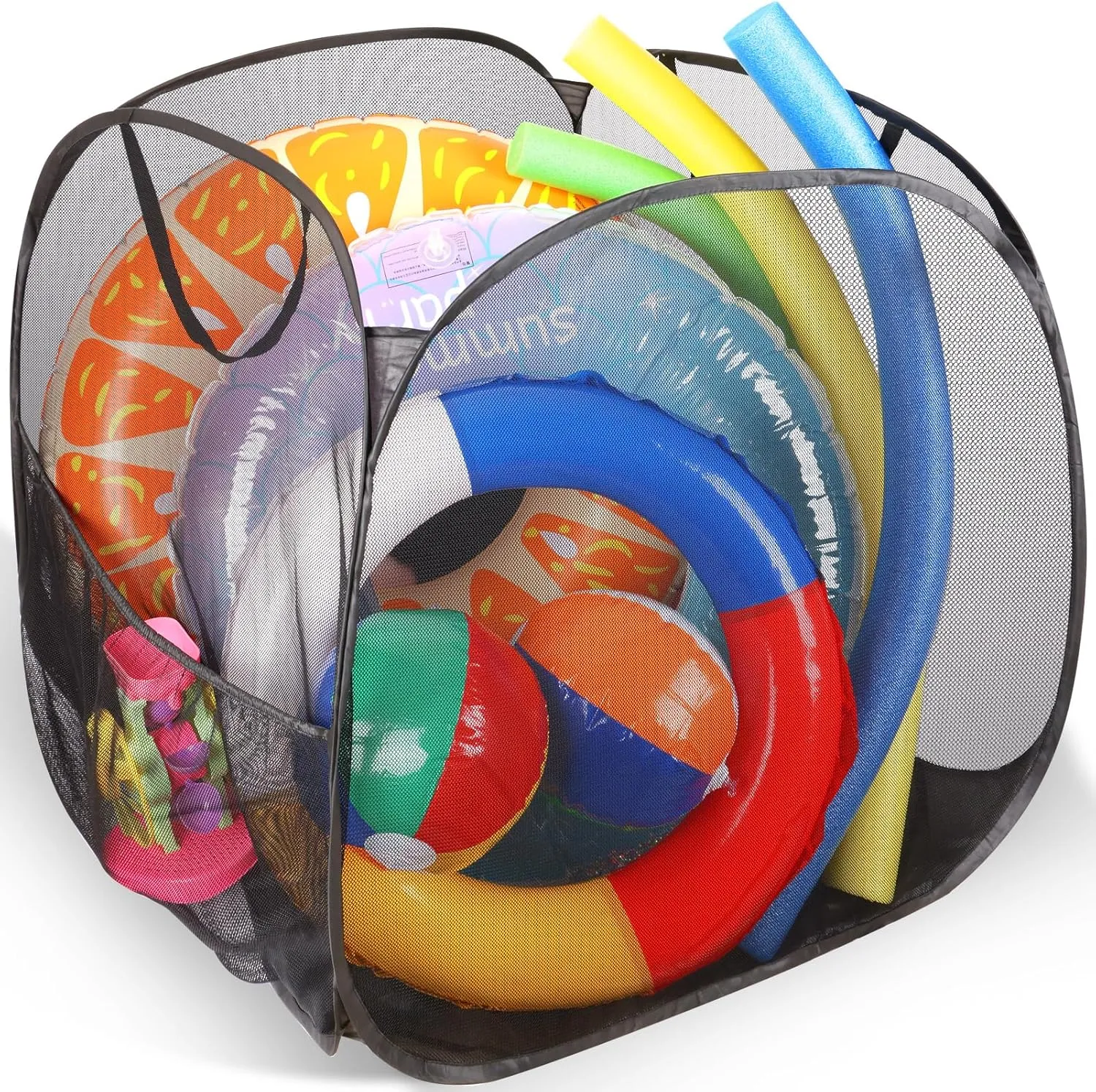 Pool Toy Storage, Outdoor Pool Float Storage Organizer, High Capacity 32x32x32 Inch Pool Storage Bin with Side Pocket for Pool Noodles, Floats, Beach Balls and other Swim Accessories