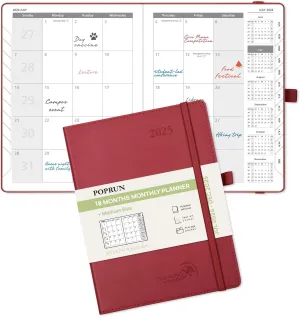 POPRUN Monthly Planner 2024-2025 (8.5" x 6.5"), 18-Month Calendar Book (Jul.2024-Dce.2025) Soft Cover, Calendar Planner with Monthly Tabs & Pocket, 100 GSM Paper - Burgundy