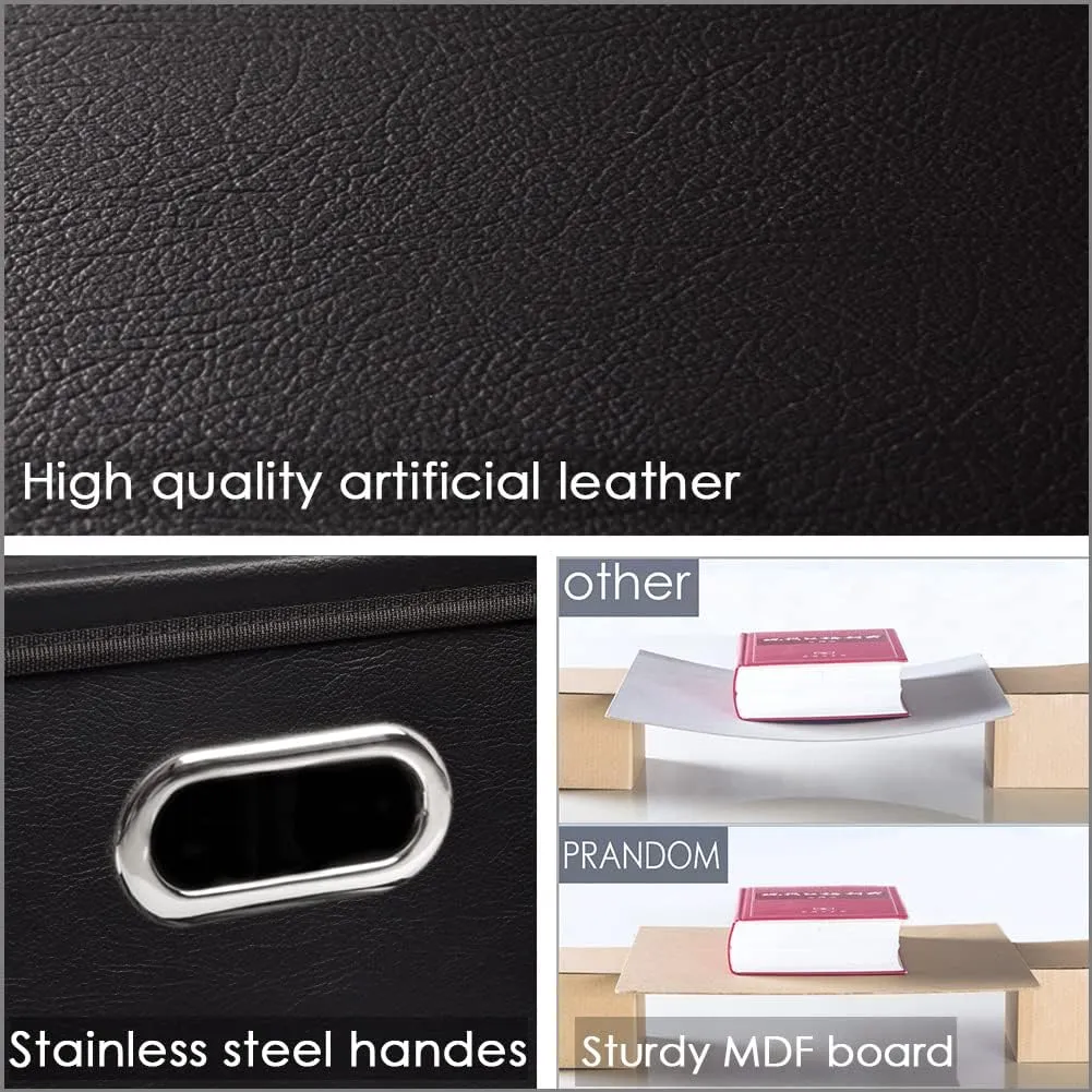 PRANDOM Leather Foldable Cube Storage Bins 13x13 inch [4-Pack] Fabric Storage Baskets Cubes Drawer with Cotton Handles Organizer for Shelves Nursery Closet Bedroom Clothes Black