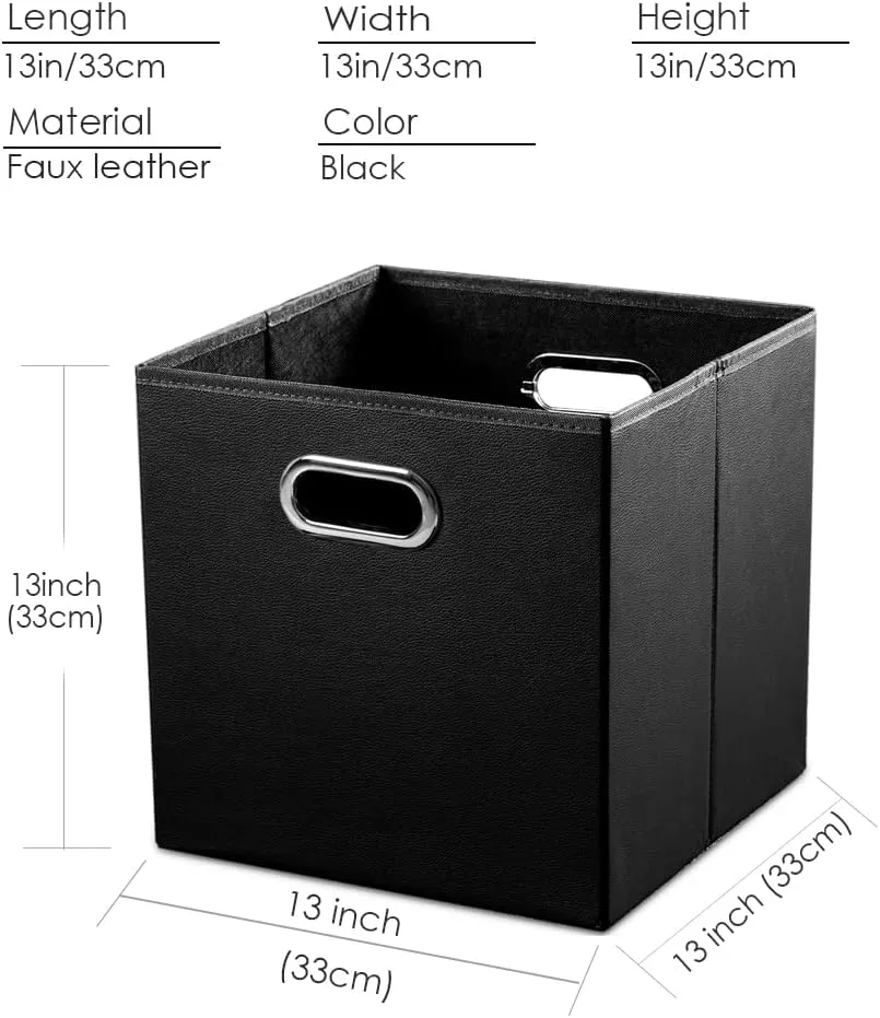 PRANDOM Leather Foldable Cube Storage Bins 13x13 inch [4-Pack] Fabric Storage Baskets Cubes Drawer with Cotton Handles Organizer for Shelves Nursery Closet Bedroom Clothes Black
