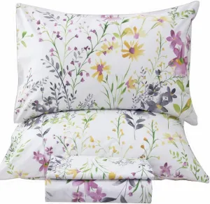 QSH Floral Queen Size Sheet Sets - Yellow Wild Flower Botanical Pattern Egyptian Cotton Printed Bedding Sheets Set Queen Size Bed Extra Breathable 4pcs Queen Sheet Set Deep Pocket 17.5"