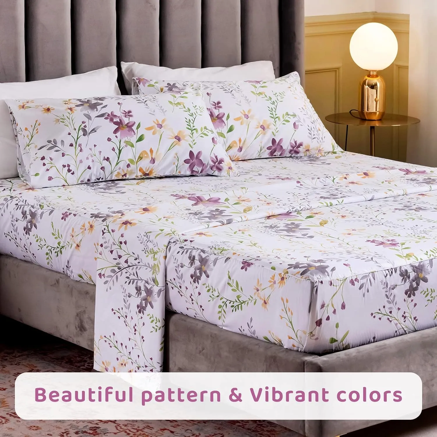 QSH Floral Queen Size Sheet Sets - Yellow Wild Flower Botanical Pattern Egyptian Cotton Printed Bedding Sheets Set Queen Size Bed Extra Breathable 4pcs Queen Sheet Set Deep Pocket 17.5"