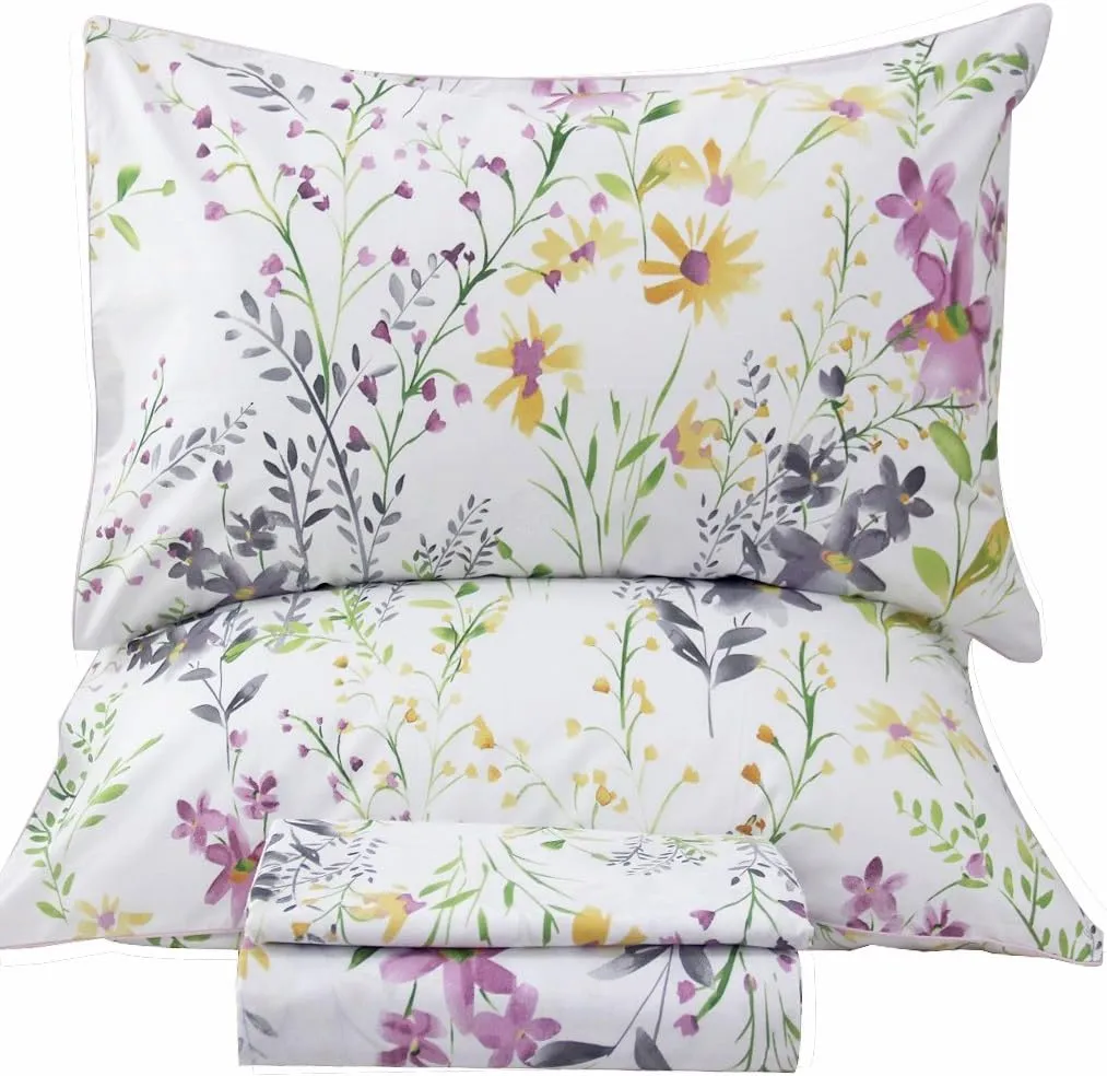 QSH Floral Queen Size Sheet Sets - Yellow Wild Flower Botanical Pattern Egyptian Cotton Printed Bedding Sheets Set Queen Size Bed Extra Breathable 4pcs Queen Sheet Set Deep Pocket 17.5"