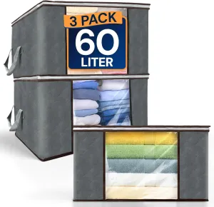 Reli. 60L Clothes Storage Bags (3 Pack) Closet Organizers and Storage Containers | Foldable Bins with Lids & Handles | Large Bags for Towels, Toys, Comforters, Blankets | Grey