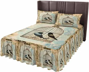 Retro Birds Cage Bed Skirt Sheet Set 1 Bed Sheet & 2 Pillowcases, Bed Skirt Cal King Size 18 Inch Drop, Watercolor Floral Pattern Wrap Around Bed Skirts, Bedding Dust Ruffle Skirt Bedspread