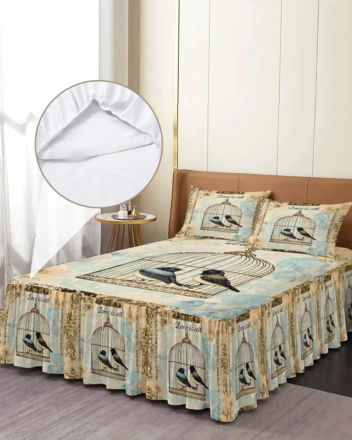 Retro Birds Cage Bed Skirt Sheet Set 1 Bed Sheet & 2 Pillowcases, Bed Skirt Cal King Size 18 Inch Drop, Watercolor Floral Pattern Wrap Around Bed Skirts, Bedding Dust Ruffle Skirt Bedspread