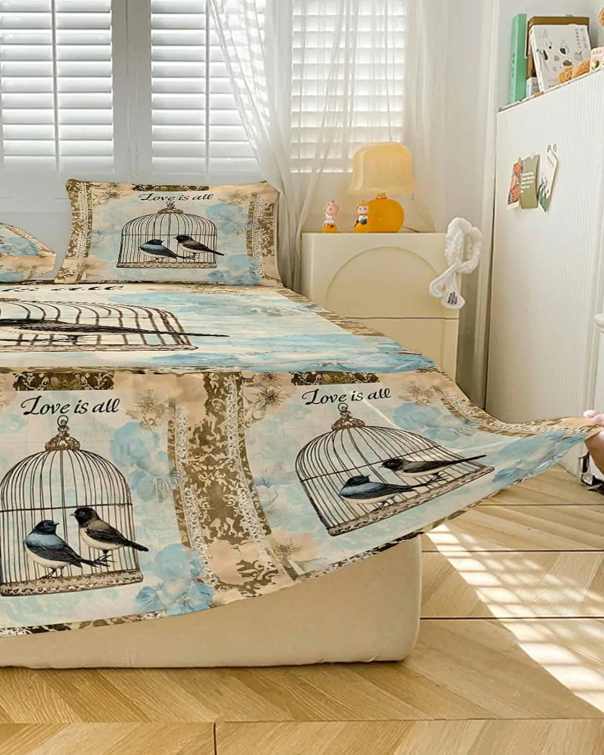Retro Birds Cage Bed Skirt Sheet Set 1 Bed Sheet & 2 Pillowcases, Bed Skirt Cal King Size 18 Inch Drop, Watercolor Floral Pattern Wrap Around Bed Skirts, Bedding Dust Ruffle Skirt Bedspread