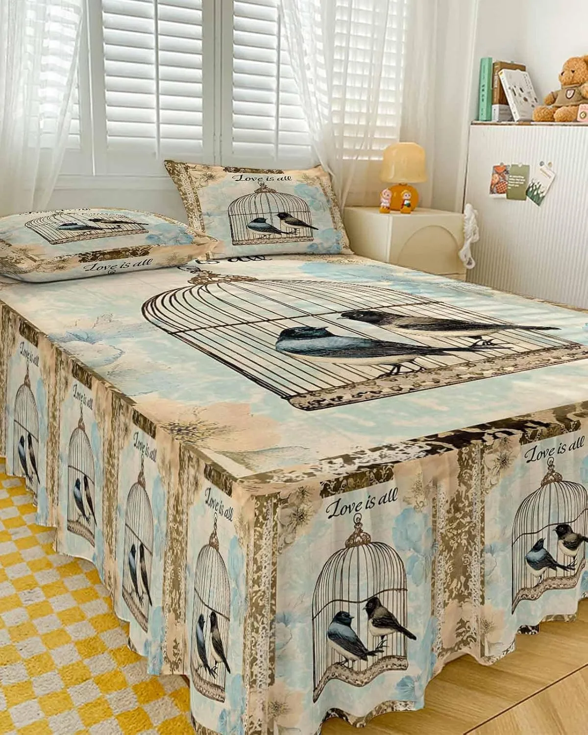 Retro Birds Cage Bed Skirt Sheet Set 1 Bed Sheet & 2 Pillowcases, Bed Skirt Cal King Size 18 Inch Drop, Watercolor Floral Pattern Wrap Around Bed Skirts, Bedding Dust Ruffle Skirt Bedspread