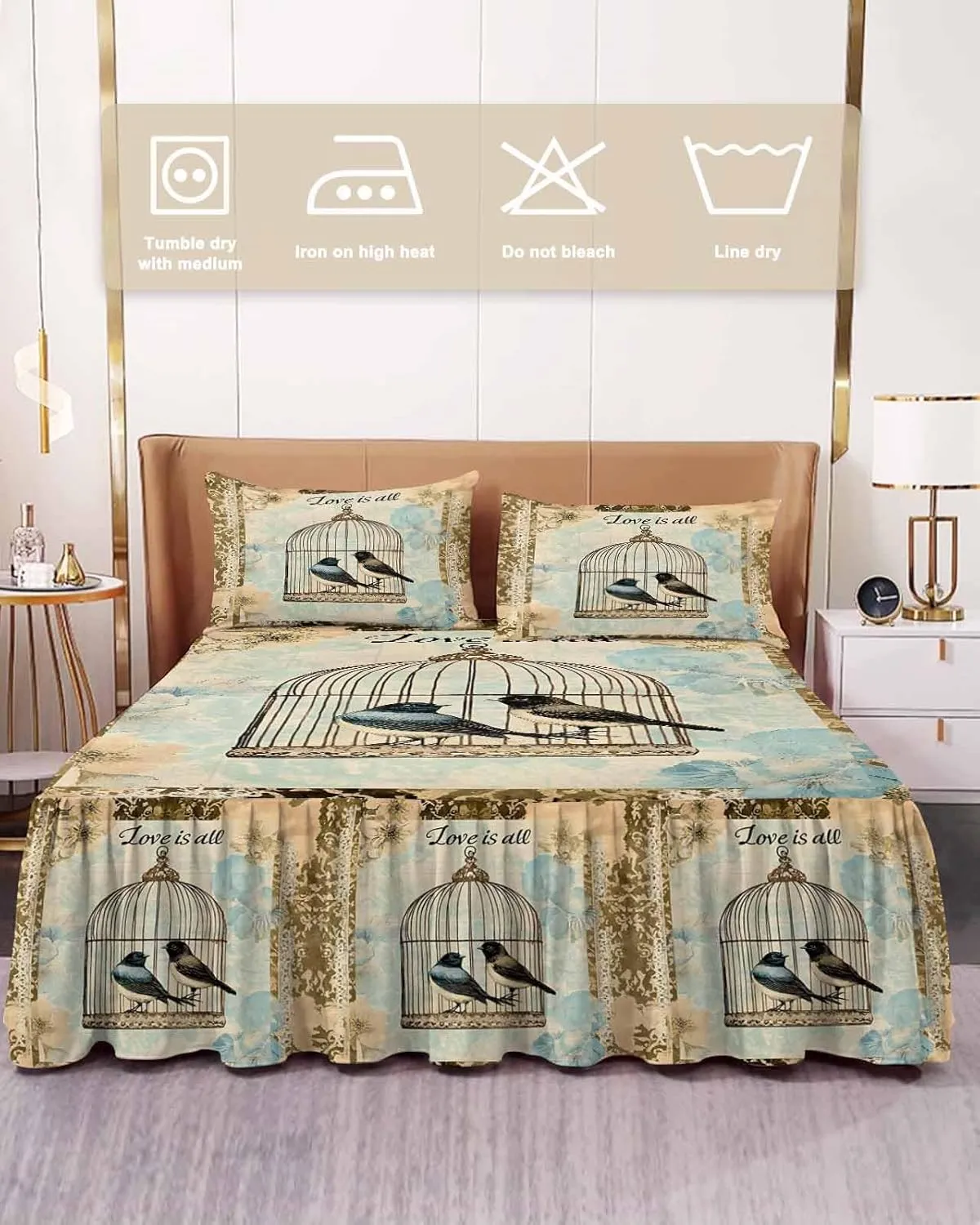 Retro Birds Cage Bed Skirt Sheet Set 1 Bed Sheet & 2 Pillowcases, Bed Skirt Cal King Size 18 Inch Drop, Watercolor Floral Pattern Wrap Around Bed Skirts, Bedding Dust Ruffle Skirt Bedspread